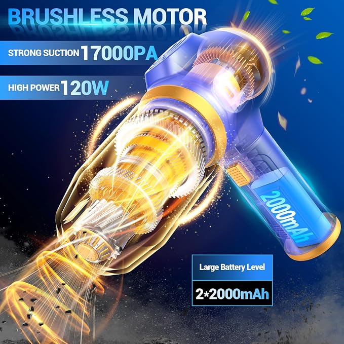 Car Vacuum Portable Cordless 17000Pa Mini Handheld Vacuums Blow and Suction with LCD Display and Multi-Nozzles, High Power for Car, Home, Office, Pet, Compact and Portable Design