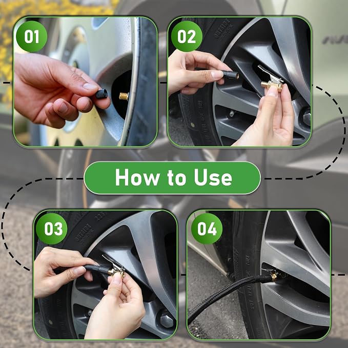 4Pack Brass Locking Air Chuck for Tire Valves – No-Leakage Tire Inflator Adapter with Secure Locking Clip, Universal Air Compressor Attachment for Cars, Trucks, SUVs, Bicycles & Motorcycles | Leak-Proof