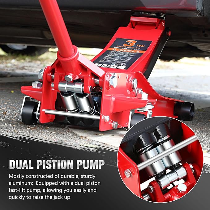 DNA Motoring Low Profile Hydraulic Trolley Service/Floor Jack, 3 Ton (6000 lbs) Capacity Heavy Duty Hydraulic Car Jack, Lifting Range 3"-20", TOOLS-00475-RD