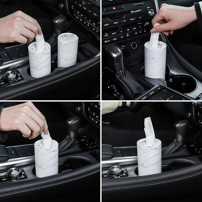 Car Tissue Holder, 4 Pack Car Cup Holder Facial Tissues with Travel Tissue Bag, Quick and Convenient Flower Combination Car Tissue Box(4 Canisters/200 Tissues) White