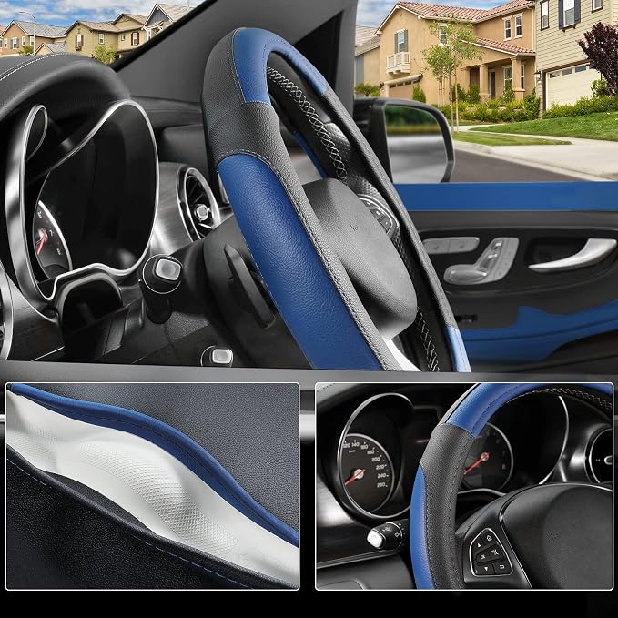 Car Steering Wheel Cover Universal Standard Size 14.5-15 inch, Black and Blue Microfiber Leather