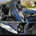 Car Steering Wheel Cover Universal Standard Size 14.5-15 inch, Black and Blue Microfiber Leather