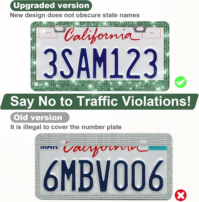 2 Pack Bling License Plate Frames for Women, Sparkly Rhinestone Diamond Car Accessories with Glitter Crystal Caps (Dark Green)