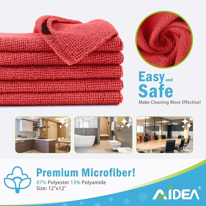 AIDEA Microfiber Cleaning Cloth Red-100PK, Soft Absorbent Shop Rags, Microfiber Towels for Cars, Kitchen Towels, Dusting Cloth for Home, Window, Cleaning Supplies, 12"×12"