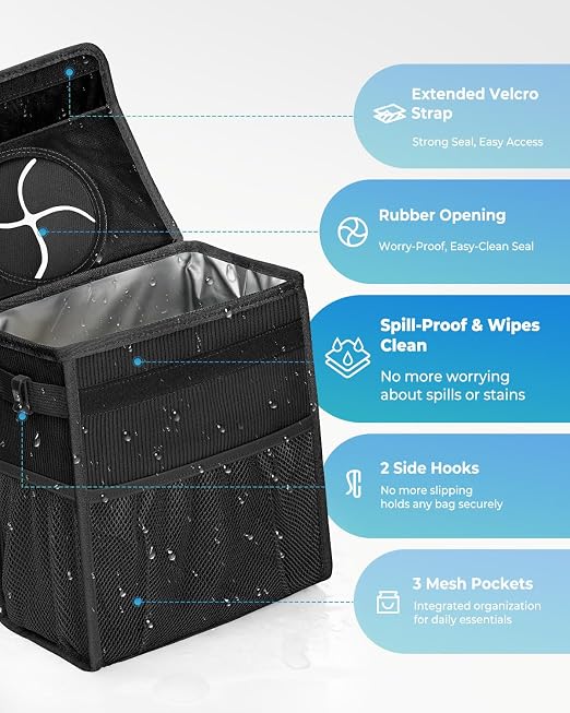 Corduroy Car Trash Can with Lid and Mesh Pockets - Leakproof Organizer,Multipurpose Waterproof Garbage Can/Trash Bin for Car(Black-2 Gallons)