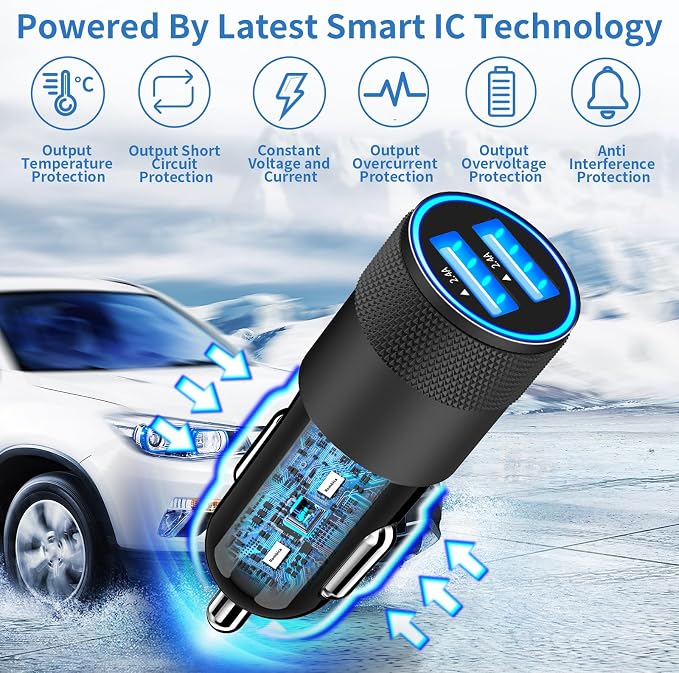 【MFi Certified】iPhone Car Charger Fast Charging, 4.8A Dual USB Smart Power Cigarette Lighter USB Car Charger with 2Pack Lightning Braided Cable for iPhone 14 13 12 11 Pro XS Mini XR X SE iPad