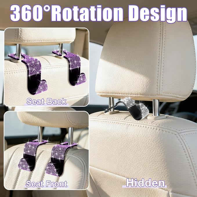 6 Pack Bling Car Seat Headrest Hooks, Rhinestone Purse Hook for Car, Universal Storage Organizer for Handbag Grocery Bags Coats, Bling Car Accessories for Women (Bling Purple)