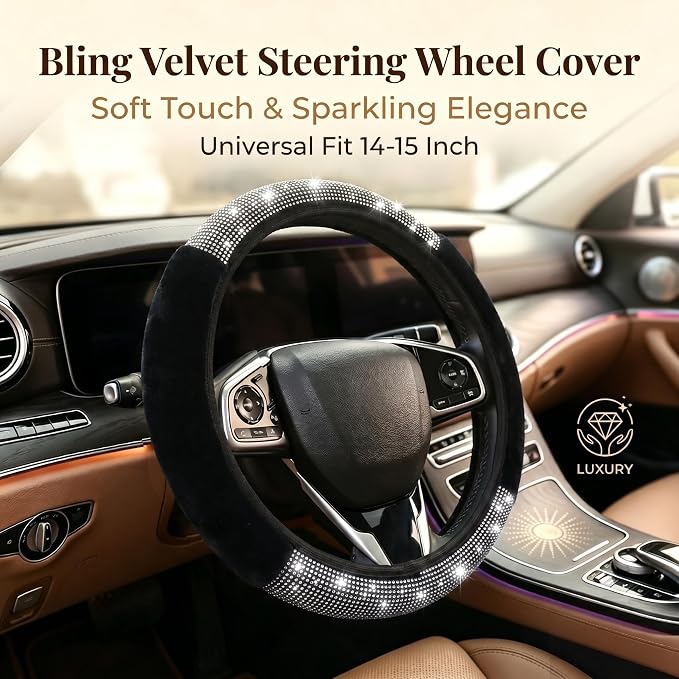 Bling Steering Wheel Cover Black Fluffy Rhinestone for Women Girls | White Diamond Elastic Car Steering Wheel Accessories Sparkling Fur Steering Wheel Protector Warm Universal Fit 14-15 inch