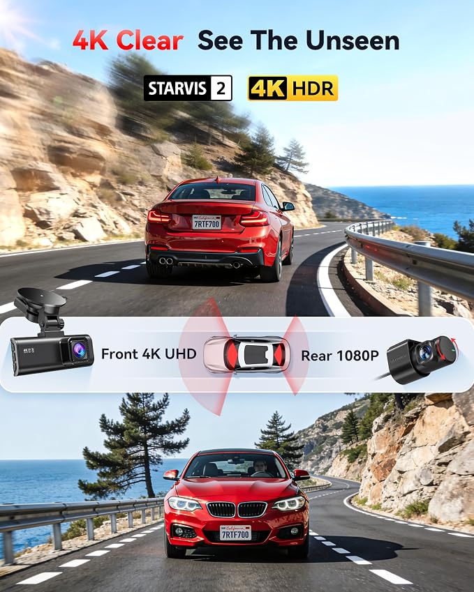 Dash Cam 4K Front and 1080P Rear, STARVIS 2 Sensor, 5.8GHz WiFi (20MB/s), GPS, WDR & HDR Night Vision, 170°Wide Angle, Parking Mode, Loop Recording with Emergency Lock(SD Card Not Included)