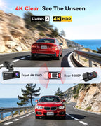 Dash Cam 4K Front and 1080P Rear, STARVIS 2 Sensor, 5.8GHz WiFi (20MB/s), GPS, WDR & HDR Night Vision, 170°Wide Angle, Parking Mode, Loop Recording with Emergency Lock(SD Card Not Included)