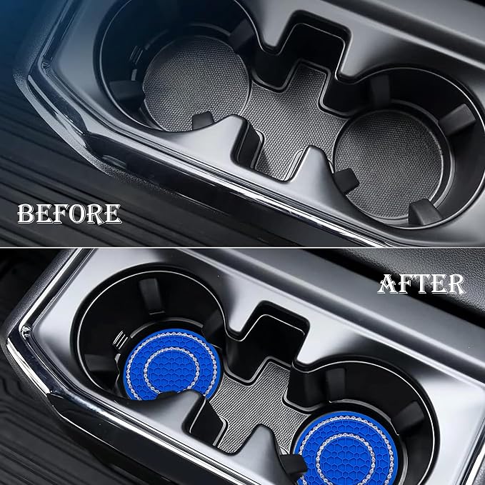 4PCS Bling Crystal Rhinestone Cup Holder Coaster, 2.75 inch Soft Silicone Anti-Slip Shockproof, Car Cup Holder Insert Coasters, Universal Car Interior Accessories for Women (Deep Blue & White)