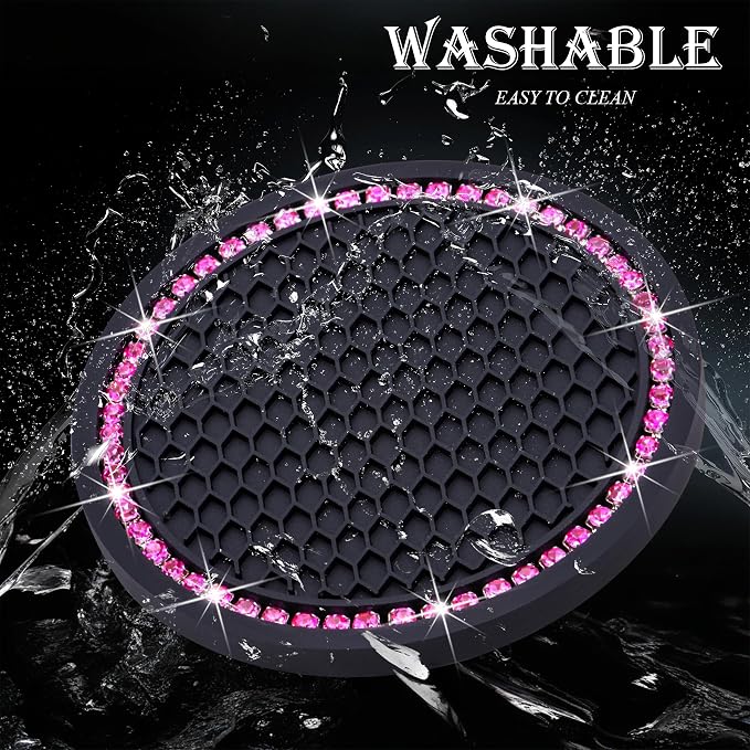 2PCS Bling Cup Holder Coaster, 2.75 Inch Auto Car Cup Holder Insert Coasters, Soft Silicone Anti-Slip Shockproof, Universal Vehicle Interior Accessories for Women Girls (Black & Pink)