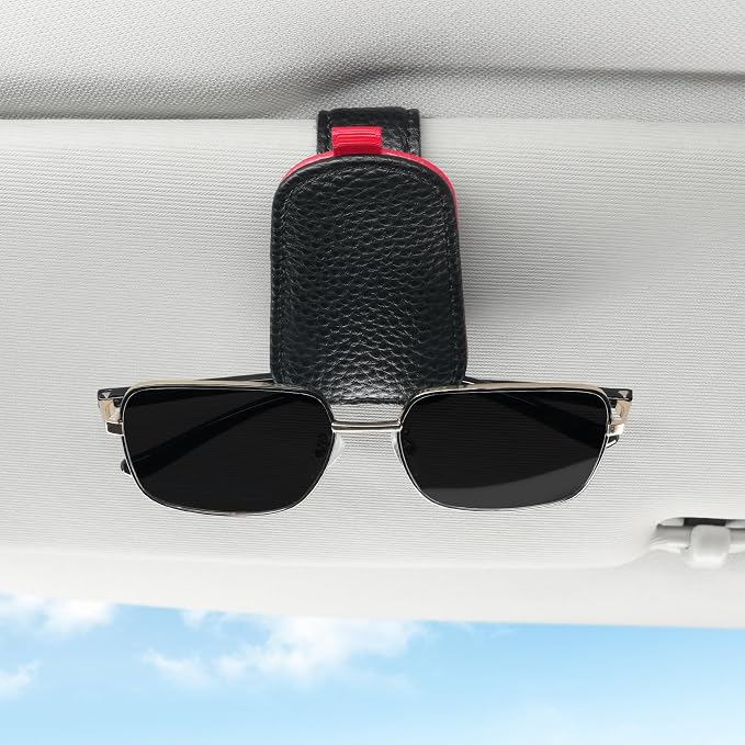 Sunglasses Holder for Car, Leather Magnetic Buckle Sun Visor Sunglass Clip, Ticket Card Storage Glasses Clip, Car Interior Accessories for Men and Women（Black-red）