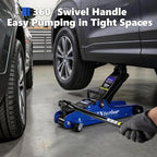 2.5T Floor Jack, 5500 lbs, 3.35"-14.96" Lift, Tire Kit, Pads, Sockets & Bag | Steel jack, 3.35"-14.96" lift. 360° swivel handle, rear casters. Includes tire kit, 2 rubber pads, 2 sockets & bag.