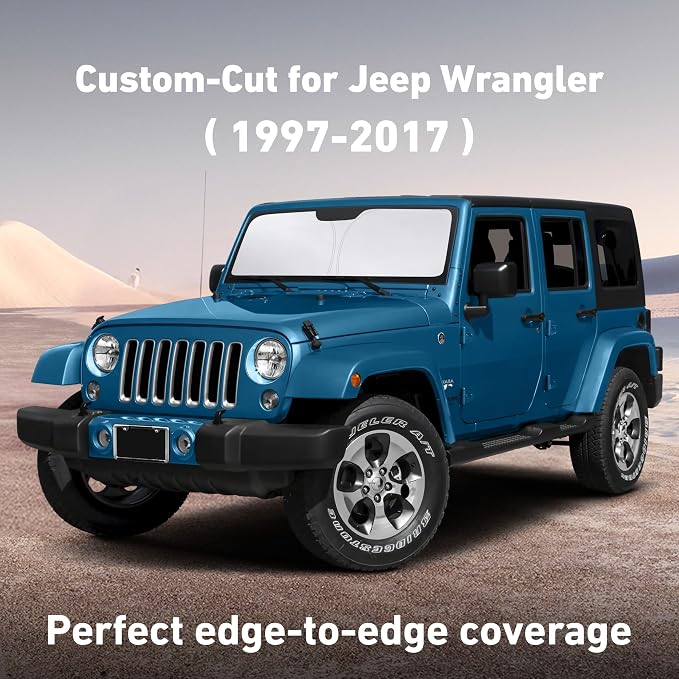 Windshield Sunshade Compatible for Jeep Wrangler 1997-2015 2016 2017, Sun Visor for Front Windshield & Window Sun Shade Cover, UV Heat Blocker & Protector, Car Accessories