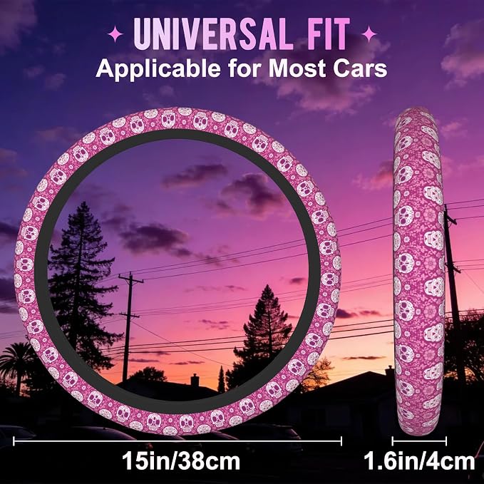 Day of the Dead Sugar Skull Steering Wheel Cover for Women Men Neoprene Breathable Pink Floral Wheel Cover Protector Anti-Slip Car Accessories Universal 15 Inch Fit for Cars Trucks Vehicles