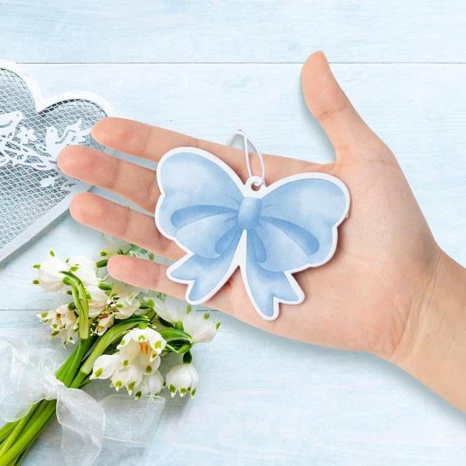 12Pcs Blue Coquette Bow Air Freshener Hanging, Light Blue Aesthetic Diffuser Ornaments Refresh Air Fragrant Pendant, Car Interior with Essential Oils Gift Set Long-Lasting for Car Accessories