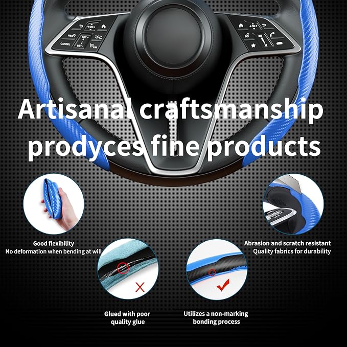 3Pcs Carbon Fiber Steering Wheel Cover Universal Fit 99% Cars | Non-slip soft grip, easy to wipe clean, quick to install, perfect for daily commutes and road trips, Blue