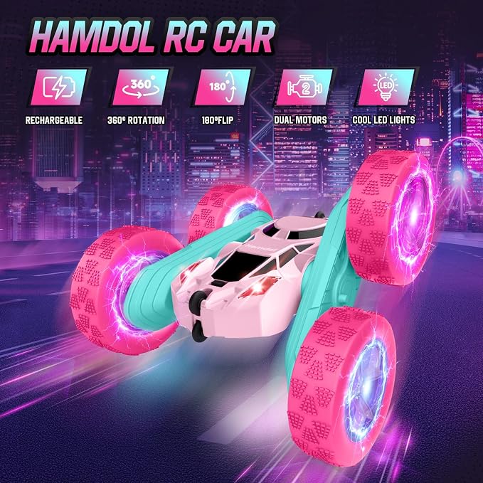 Pink Remote Control Car for Girls, Double Sided with Shining Headlights & Wheel Lights, Girl Princess Toys, Rechargeable Toy Car for 6-7 6-8 9 10-12 Year Old Girls Birthday, Valentines Gift