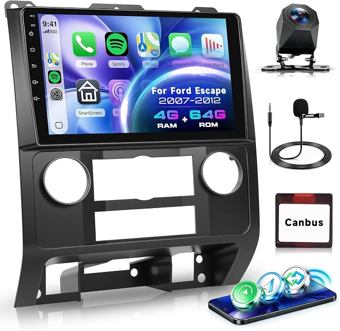 4G+64G Android 15 Car Stereo for Ford Escape/Kuga/Mazda Tribute 2007-2012, 9" IPS Touchscreen Radio with Wireless Carplay Android Auto GPS/32 EQ/Bluetooth 5.0/5Ghz WiFi/AHD Backup Camera/SWC