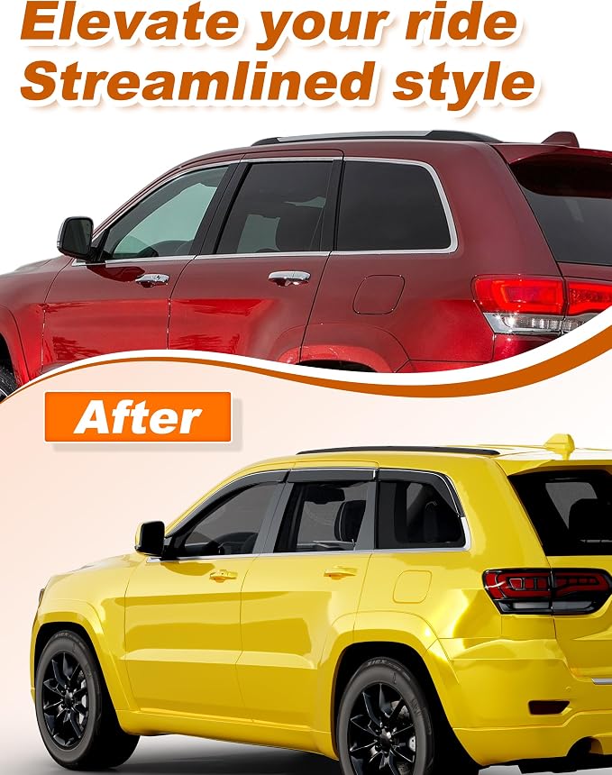 6-PCS Low Profile Window Rain Guards Fit for Jeep Grand Cherokee 2011-2021 Rain Guard Window Deflectors Extra-Thick Side Window Visors Vent Shades Tape-on Vent Visors Car Accessories