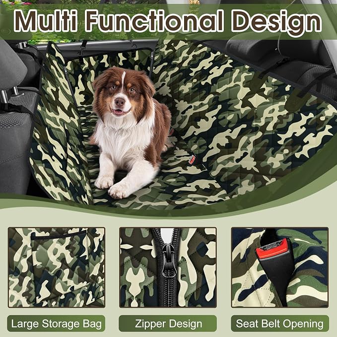 Waterproof Dog Car Seat Cover for Back Seat, Pet Hammock- S, Camouflage | Durable waterproof hammock with nonslip design & storage pockets. Protects seats from scratches, fits cars, SUVs & trucks.