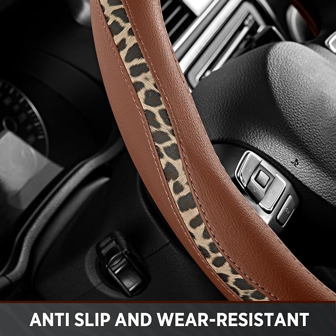 Steering Wheel Cover - Flat Bottom Wheel Cover Made with PVC Leather and Leopard Fabric - Universal Fit for 15-Inch D-Shaped Automotive Steering Wheels (Brown Color)