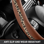 Steering Wheel Cover - Flat Bottom Wheel Cover Made with PVC Leather and Leopard Fabric - Universal Fit for 15-Inch D-Shaped Automotive Steering Wheels (Brown Color)