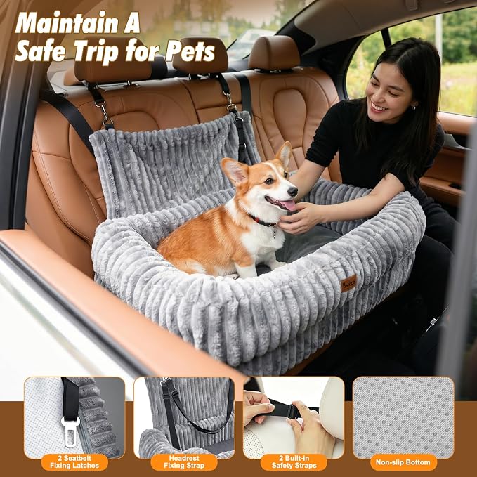 Dog Car Seat, Dog Booster Car Seats with Memory Foam, Thickened Cushion & Washable Removable Cover, Pet Travel Carseat Bed with Safety Leashes for Medium/Large Dogs or 2 Small Dogs, Gray