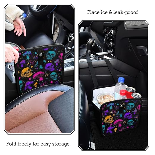 Car Trash Can Organizer Bin with Adjustable Strap for Back Front Seat Console Waterproof Leakproof Collapsible Portable 8.66 Inch Neon-colored Skulls Stars Mushrooms