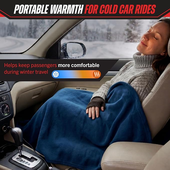 Heated Car Blanket - 12V Electric Travel Blanket for Car, Truck, SUV or RV - Portable Heated Throw for Road Trips, Camping or Winter Emergency Kit for Cold Weather Travel by (Navy)