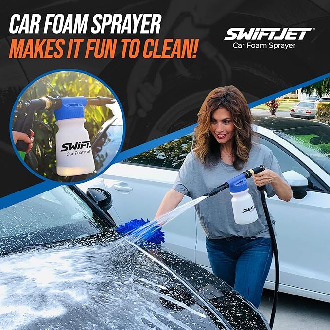 Car Wash Foam Gun + Microfiber Wash Mitt - Foam Cannon Works with Any Soap - Garden Hose Car Foam Sprayer - Car Wash Kit - Car Accessories Foam Blaster (Blue Foam Gun with Mitt)