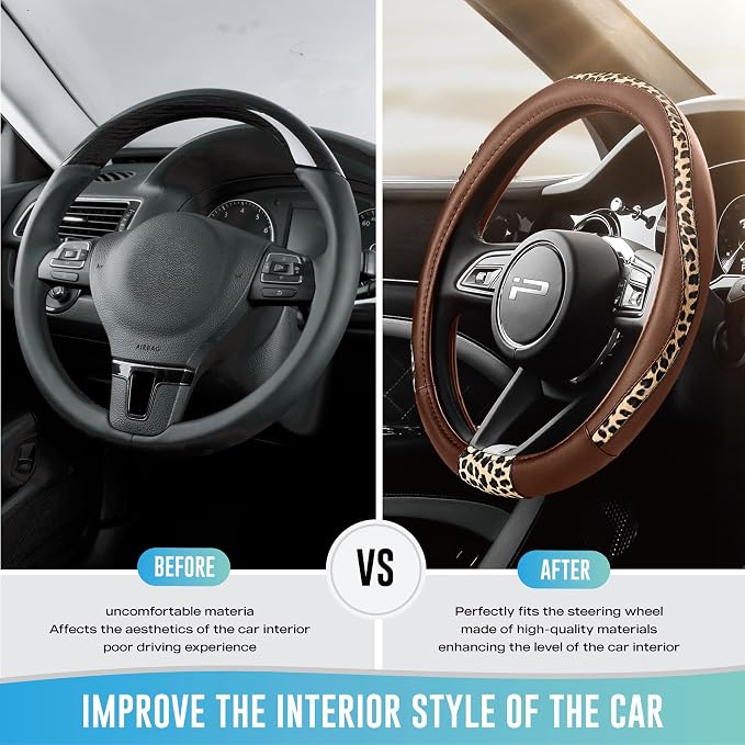 Steering Wheel Cover - Made with PVC Leather and Leopard Fabric - Universal 14 1/2 inches to 15 inches for Most Automotive Steering Wheel - Cheetah Print - Brown