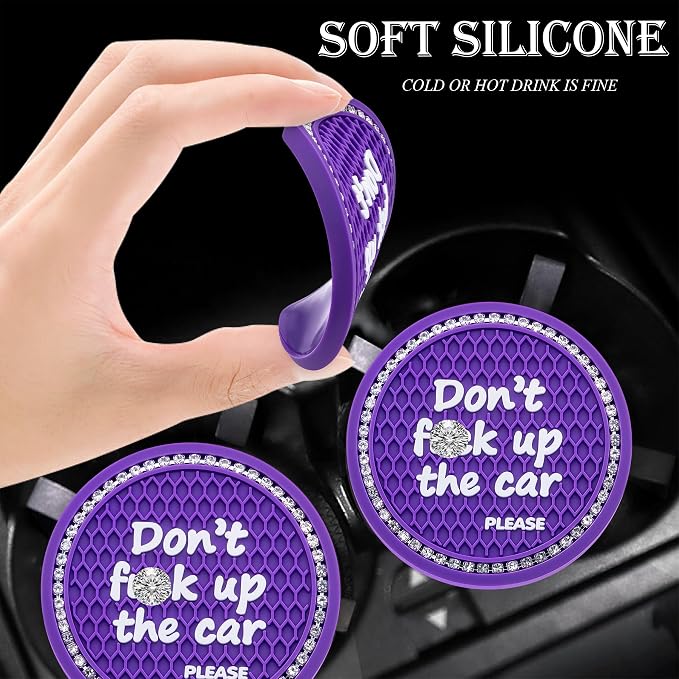 2PCS Bling Crystal Rhinestone Cup Holder Coaster – 2.75 Inch Anti-Slip Auto Insert Cup Coaster – Sparkling Interior Decor Accessories for Cars & Vehicles (Purple & White)