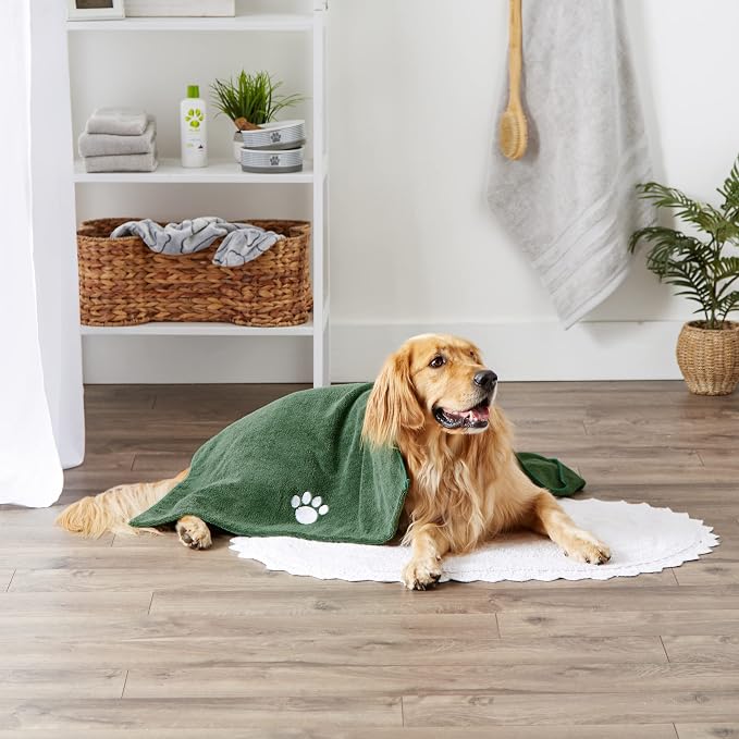 Pet Grooming Towel Collection Absorbent Microfiber X-Large, 41x23.5", Embroidered Hunter Green