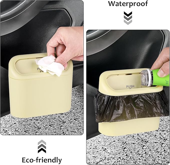 Car Trash Can, Portable Vehicle Trash Bin with Lid, Car Dustbin Garbage Organizer Holder with One Roll Trash Bag, Leakproof Hanging Mini Cars Storage Bag Container for Auto, SUV, Office (Beige)