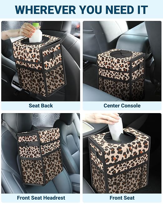 Car Trash Can with Lid, Leakproof Car Trash Bag Hanging Waterproof Automotive Garbage Can with Storage Pockets Mini Vehicle Trash Bin for Back/Front Seat(Leopard,3 Gallon)