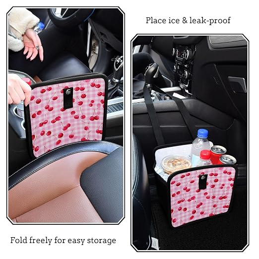 Car Trash Can Organizer Bin with Adjustable Strap for Back Front Seat Console Waterproof Leakproof Collapsible Portable 8.66 Inch Pink Juicy Checkered Cherry