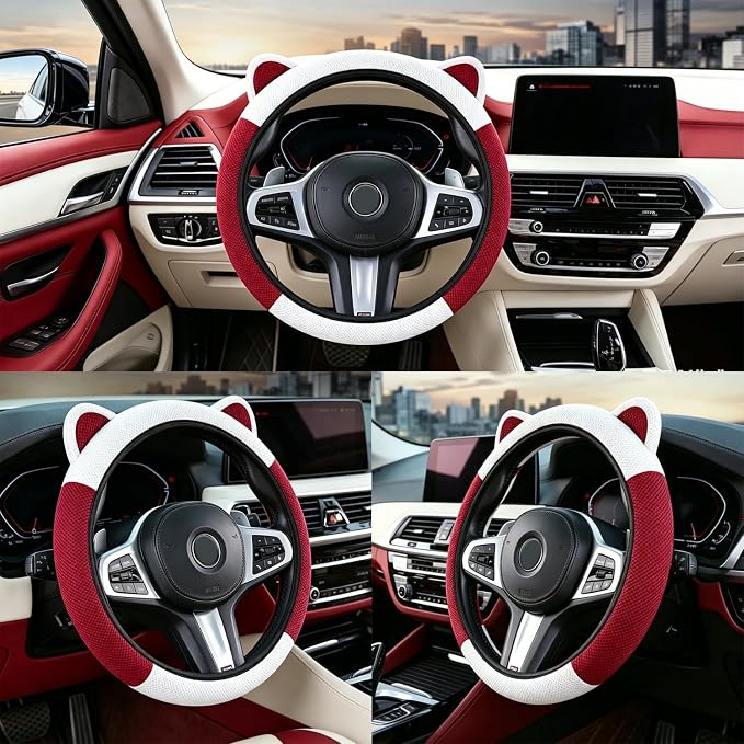 Steering Wheel Cover with Ears Keychain Fit 14-15 inch White Red | Cute Ears Car Steering Wheel Covers for Women Girls Elastic Breathable Steering Wheel Protector Accessories Universal Size