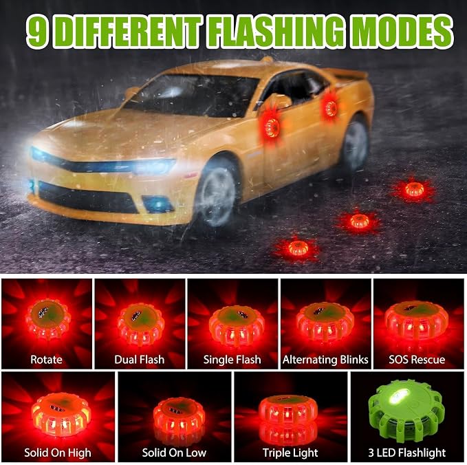 12 Pack LED Road Flares Emergency Lights Roadside 9 Flash Modes Warning Car Safety Beacon Magnet Hook Flashing Disc Flare Kit for Vehicles Car Truck Boats Holiday Gift(Green)