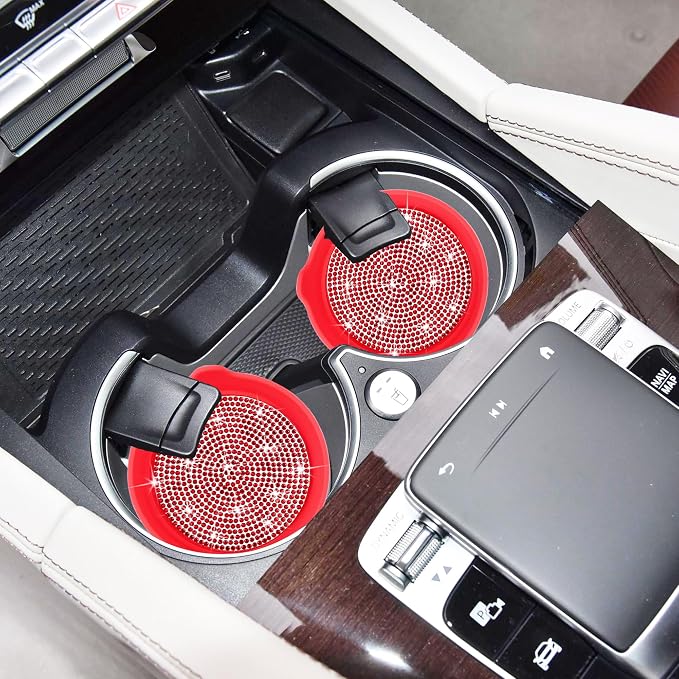 Car Cup Coaster Universal Non-Slip Cup Holders Bling Crystal Rhinestone Car Interior Accessories 2 Pack Red Whole Rhinestone