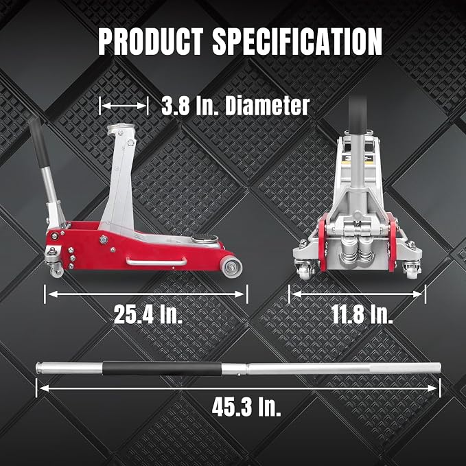 Floor Jack 3 Ton,Full Aluminum Ultra Lightweight Low Profile Car Jack with Dual Piston Quick Lift Pump,Hydraulic Racing Floor Jack for Vehicle,6,000 lb Capacity,Red