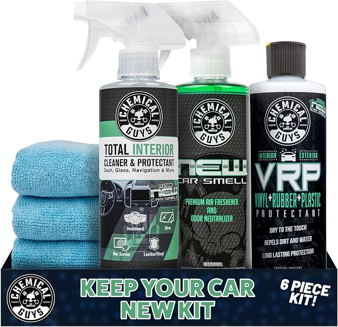 Keep Your Car New Kit, Ideal for Cleaning and Detailing. Includes New Car Scented VRP, Total Interior, Air Freshener, and 3 Detailing Towels - 6 Piece Kit