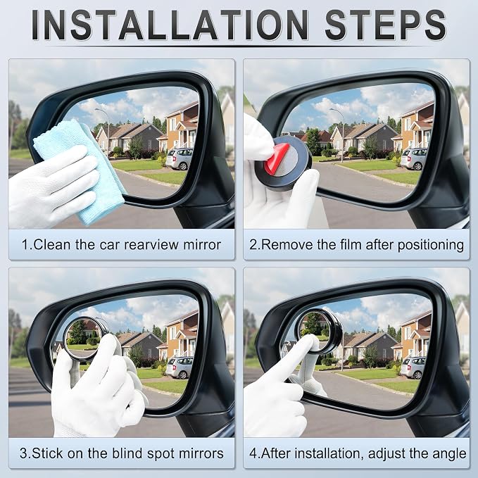 2PCS Round Blind Spot Mirror, HD Glass and ABS Housing Convex Wide Angle Rearview Mirror with Adjustable Stick for Universal Car, Black