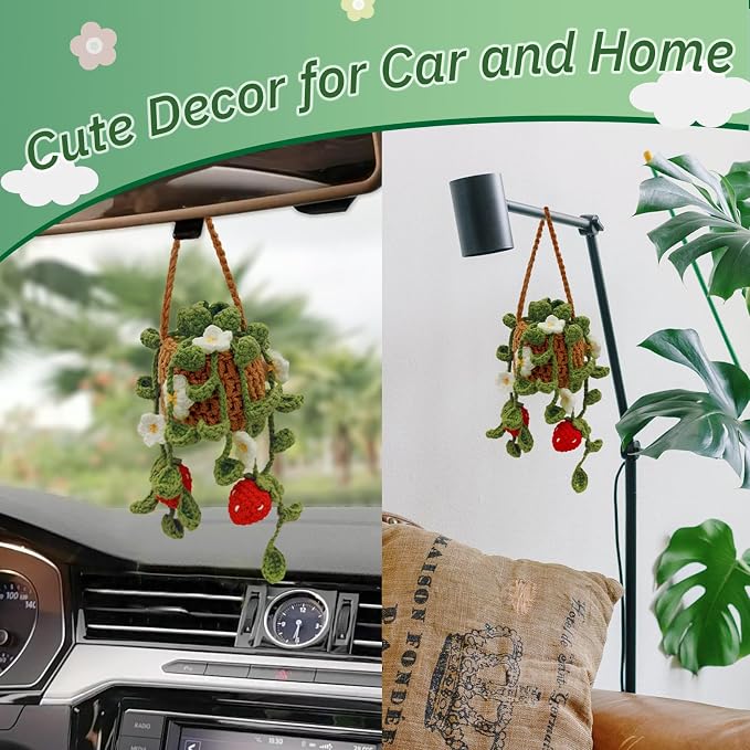 Crochet Hanging Plant for Car,Car Decorations Interior,Plant Aesthetic Car Accessories for Women Interior Cute,Car Ornaments Charms for Rear View Mirror,Boho Car Decoration Gifts
