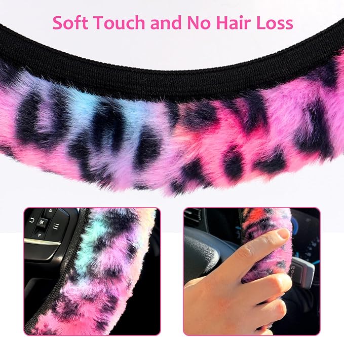 Fuzzy Car Steering Wheel Cover, Universal Fit Fluffy Auto Wheel Cover & Handbrake Cover & Gear Shift Cover Set, Leopard Print, Car Steering Wheel Cover Protector for Women Girls (Colorful)