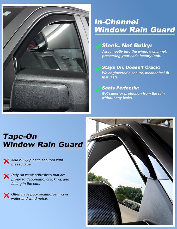 in-Channel Window Rain Guards Fit for Chevrolet(Chevy) Silverado & GMC Sierra Crew Cab 2014-2018 Extra Durable Window Deflectors Truck Window Vent Visors Vent Shades Exterior Car Accessories