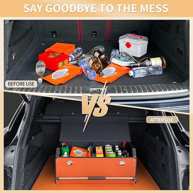 Car Trunk Organizer for SUV, Collapsible Leather Car Storage Trunk Organizer with Lid and Sturdy Handle Car Trunk Leather Storage Box (Orange, 27.1 x 11.4 x 12.2in)