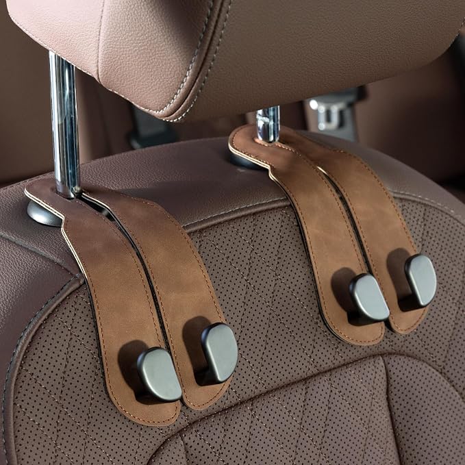 CoBak Purse Hook for Car - Universal Premium Stitched Leather and Aluminum-Magnesium Alloy Double Car Seat Back Storage Hook for Purses, Handbags, Bags (2 Pack),Brown