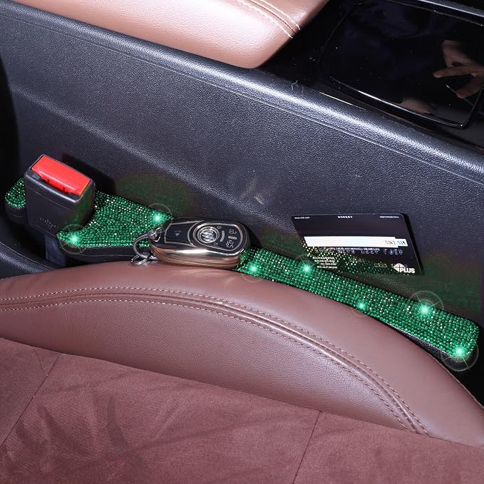 Green Car Seat Gap Filler, Set of 2 Handmade Crystal Rhinestone Diamond Car Gap Filler Green Bling Car Accessories for Women(Dark Green)